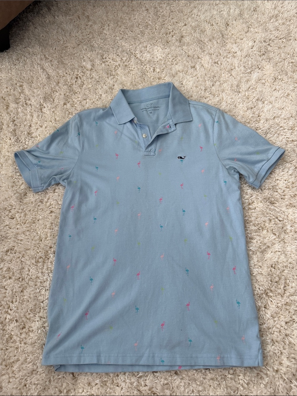 Vineyard Vines Pale Blue Polo with Pink & Teal Flamingo Embroidery